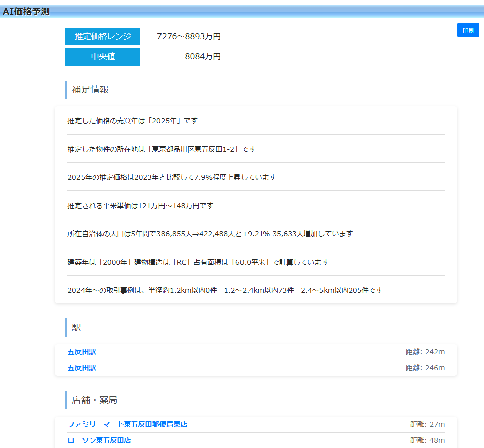 不動産価格AI予測結果表示画面